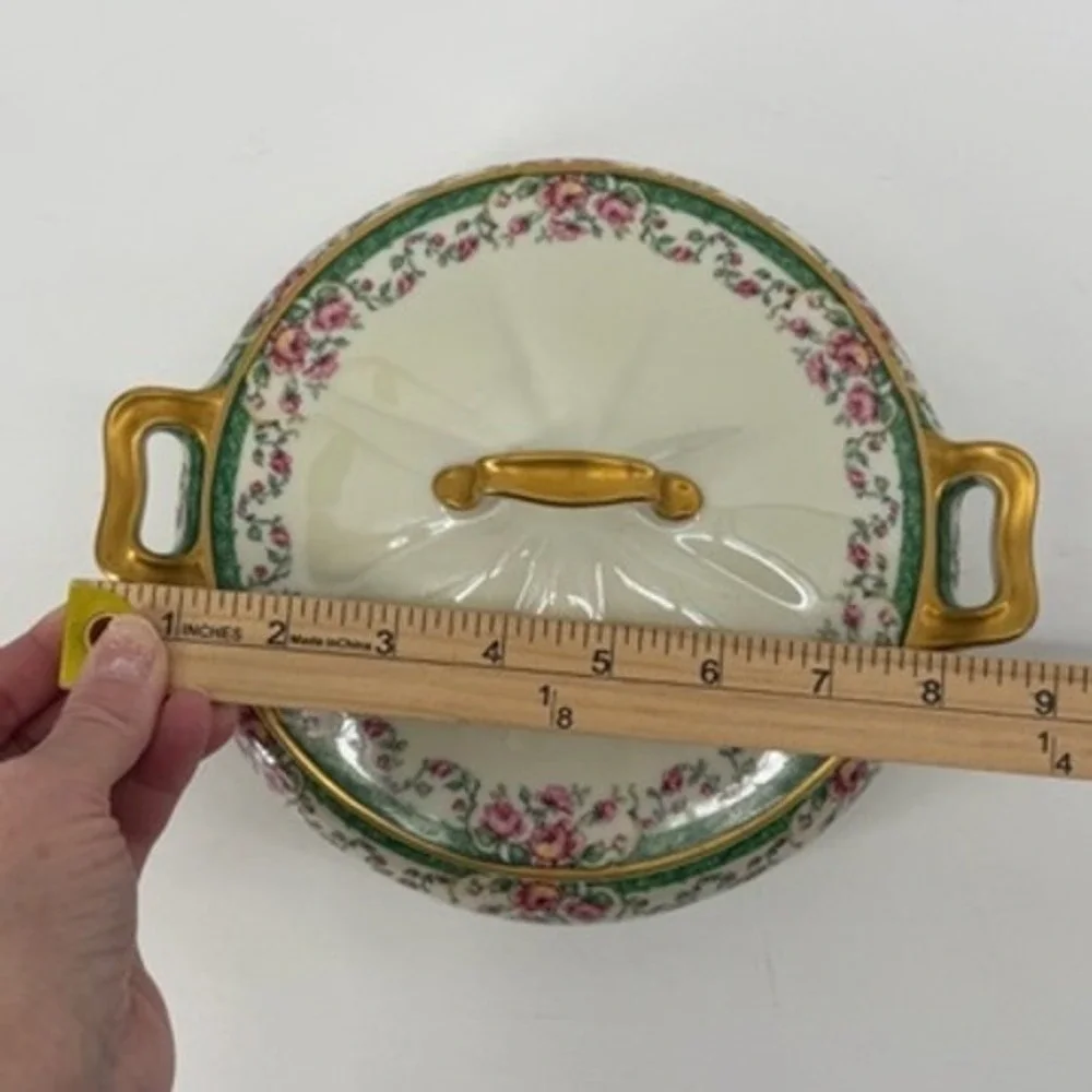 Haviland Limoges France Covered Vegetable Dish Pink Roses Green Gold 34520